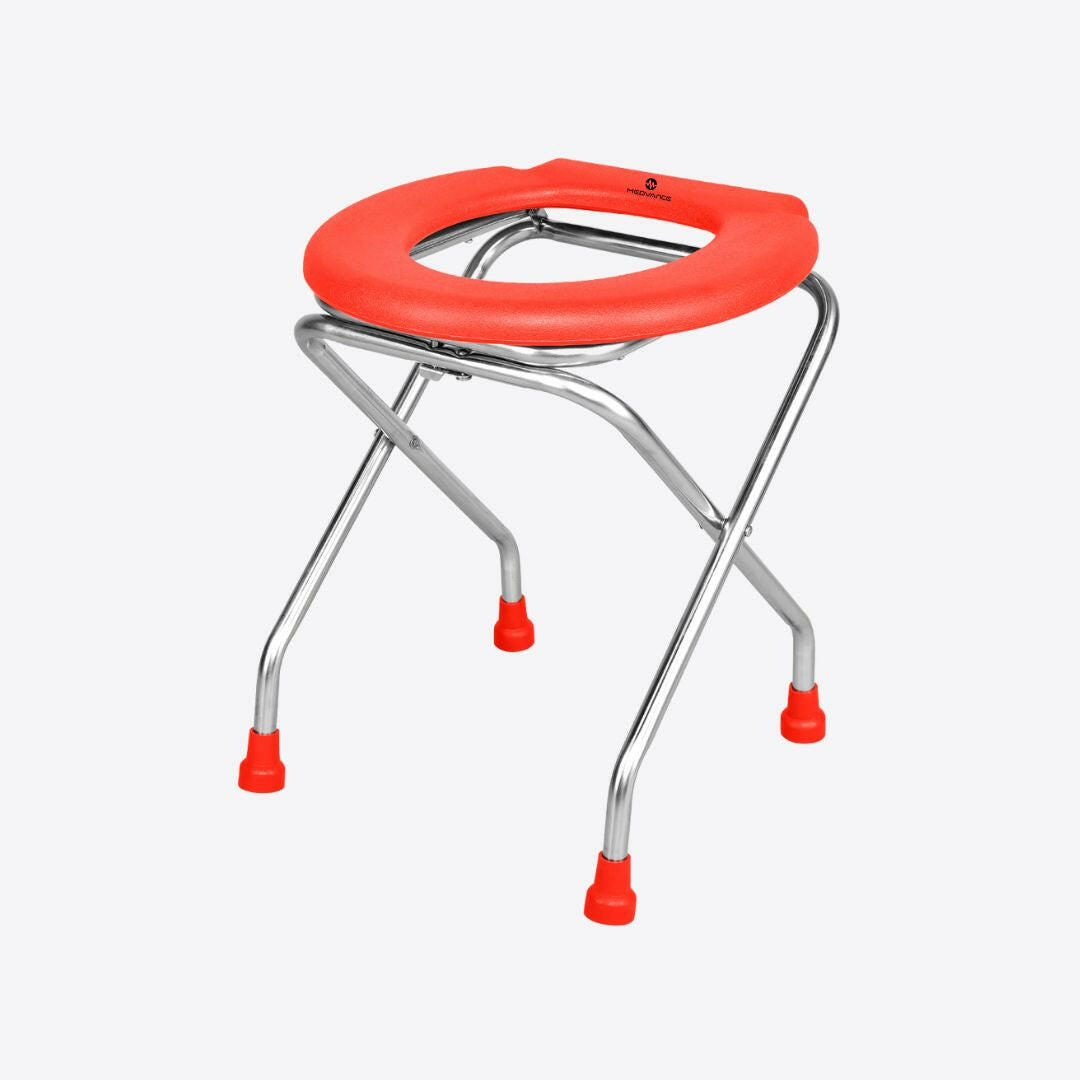 Medvance Portable Folding Commode Stool, Round Red Stainless Steel - Below 90kg