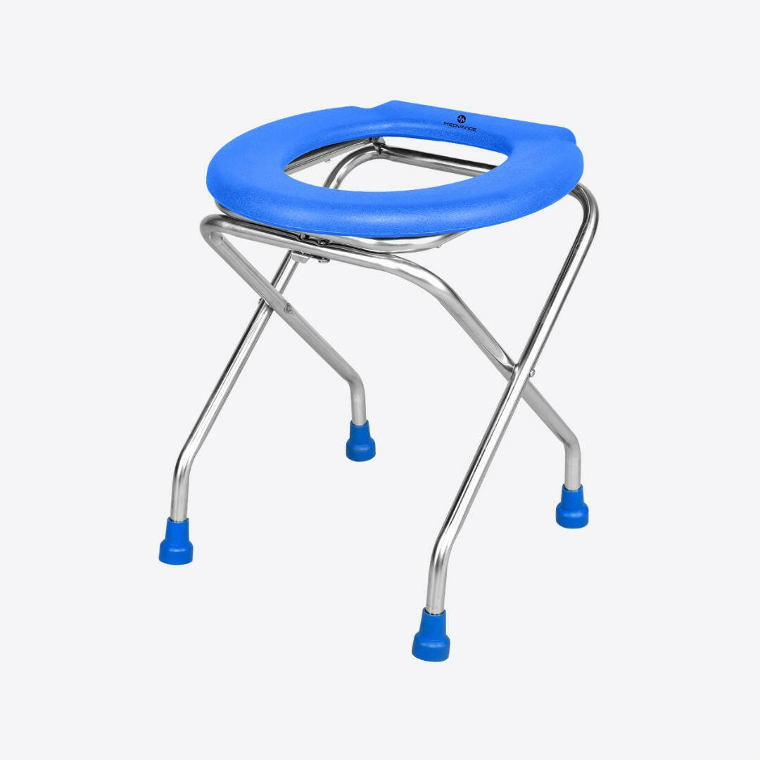 Medvance Portable Folding Commode Stool, Round Blue Stainless Steel - Below 90kg